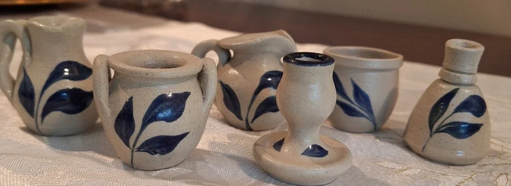 Vtg Williamsburg Pottery Salt Glaze Miniature Stoneware Lot of 6 Pitcher, Crock